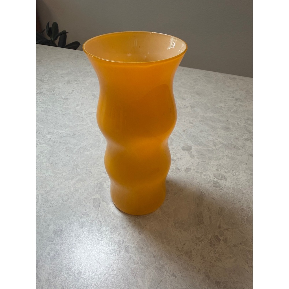 Vintage Orange Cased Glass Vase Mid Century Modern Triple Bulbous Wavy 9 Inch